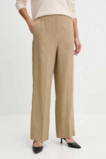 Ľanové nohavice Tommy Hilfiger zelená farba, široké, vysoký pás, WW0WW46823