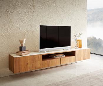 TV stolík Secara 220 cm akácia prírodná 2 dvierka 2 zásuvky mramor na