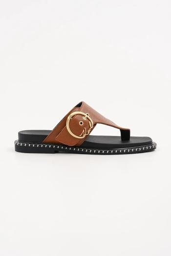 Kožené žabky Karl Lagerfeld KLEO dámske, hnedá farba, na plochom podpätku, KL81325