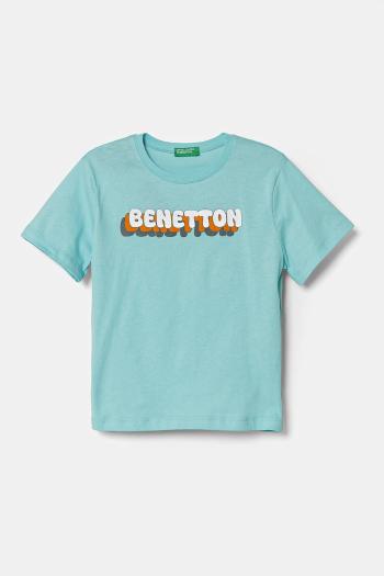 Detské bavlnené tričko United Colors of Benetton tyrkysová farba, s potlačou, 3I1XG10HT