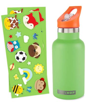 SKIP HOP Fľaša s nálepkami so slamkovým náustkom nerezová zelená 380 ml, 4r+
