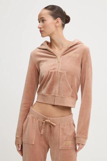 Velúrová mikina Juicy Couture HERITAGE CROWN ROBYN HOODIE hnedá farba, s kapucňou, s nášivkou, JCGAS224011