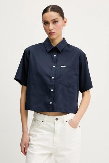 Bavlnená košeľa Guess Jeans dámska, tmavomodrá farba, voľný strih, s klasickým golierom, W5GH98 WH7P1