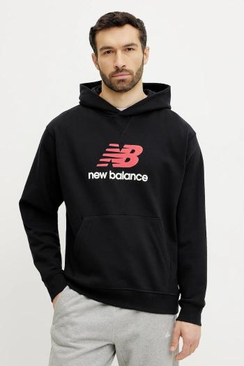 Bavlnená mikina New Balance pánska, čierna farba, s kapucňou, s potlačou, MT51512BK
