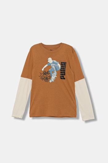 Detská bavlnená košeľa s dlhým rukávom Puma MID90s Layered Longsleeve B hnedá farba, s potlačou, 688467