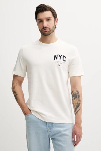 Bavlnené tričko Tommy Hilfiger pánske, béžová farba, s nášivkou, MW0MW40427