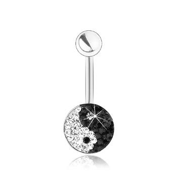 Piercing z chirurgickej ocele, strieborná farba, ligotavý symbol Jin a Jang, zirkóniky