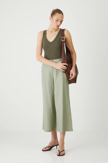 Ľanové nohavice Medicine zelená farba, strih culottes, vysoký pás