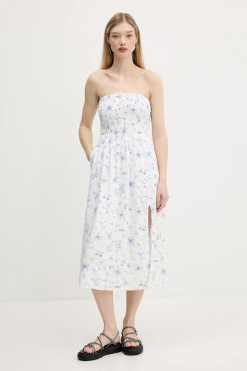 Ľanové šaty Hollister Co. béžová farba, midi, rovný strih, KI359-1209