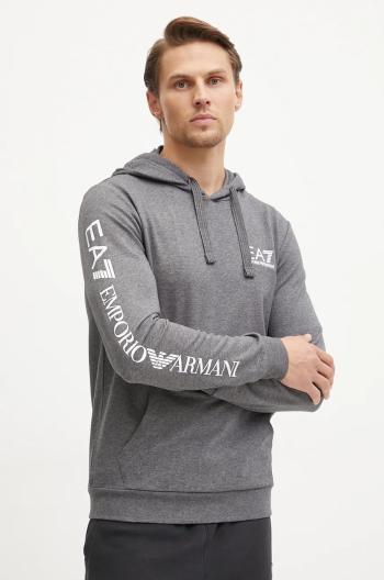 Bavlnená mikina EA7 Emporio Armani pánska, šedá farba, s kapucňou, s potlačou, PJ05Z.8NPM18