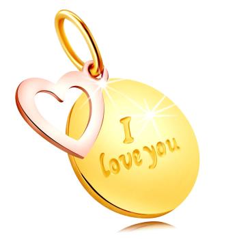Prívesok z kombinovaného 585 zlata - okrúhla známka s nápisom "I love you", kontúra srdca