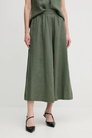 Ľanová sukňa United Colors of Benetton zelená farba, midi, áčkový strih, 4AGHD004L