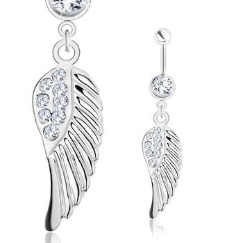 Piercing do brucha - oceľ 316L, anjelské krídlo s čírymi zirkónikmi, strieborný odtieň