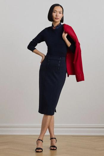 Sukňa Lauren Ralph Lauren tmavomodrá farba, midi, puzdrová, 200957618