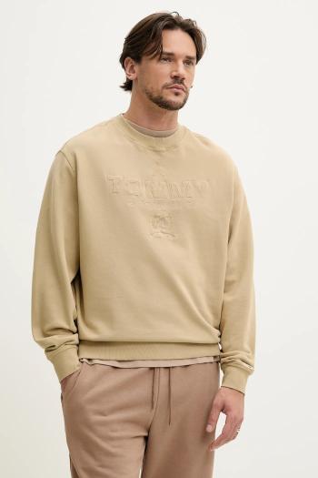 Bavlnená mikina Tommy Jeans pánska, béžová farba, s nášivkou, DM0DM20827