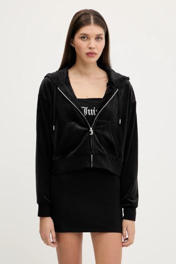 Velúrová mikina Juicy Couture BRENDAL CROP OVERSIZED HOODIE čierna farba, s kapucňou, jednofarebná, JCBAS225801