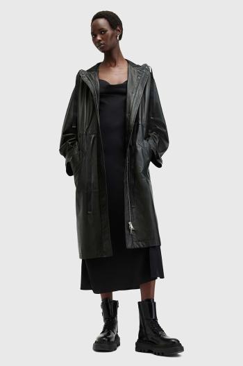 Kožený kabát AllSaints KELSEA LEA COAT dámsky, čierna farba, prechodný, W028LB