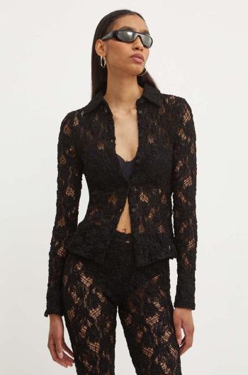 Košeľa MSGM dámska, čierna farba, slim, s klasickým golierom, 3741MDE06.247624
