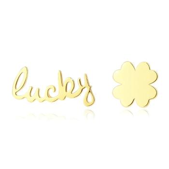 Puzetové náušničky zo žltého zlata 585 - štvorlístok a nápis "lucky"