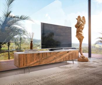 TV stolík Bahan 200 cm mango teak 4 dvierka mramor biely