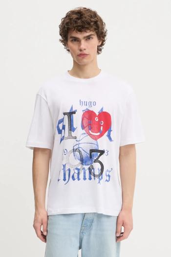 Bavlnené tričko Hugo Blue pánske, biela farba, s potlačou, 50543495