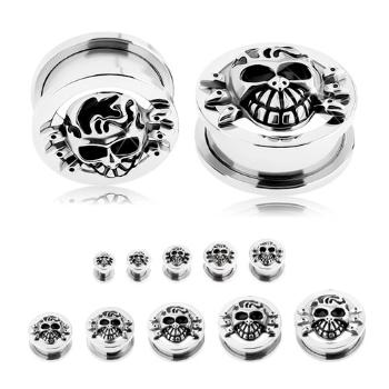 Tunel plug do ucha z ocele 316L, strieborná farba, vypuklá patinovaná lebka - Hrúbka: 10 mm