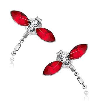Strieborné náušnice 925, vážky, červené krídla, Swarovski krištáliky, visiaci chvost