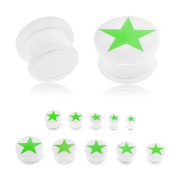 Plug do ucha z akrylu bielej farby, zelená päťcípa hviezda žiariaca v tme, gumička - Hrúbka: 10 mm