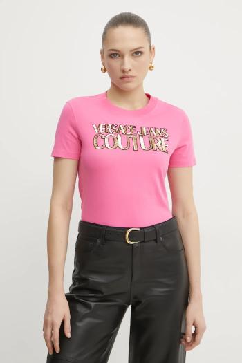 Bavlnené tričko Versace Jeans Couture dámske, ružová farba, 78HAHE02 CJ00E