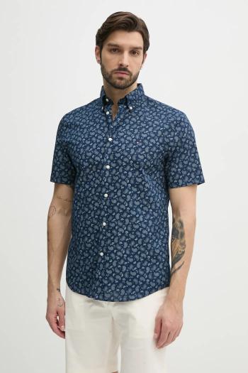 Košeľa s prímesou ľanu Tommy Hilfiger pánska, tmavomodrá farba, regular, s golierom button-down, MW0MW38566