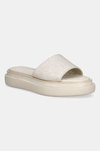 Šľapky Calvin Klein FLATFORM SLIDE - JACQ béžová farba, na platforme, HW0HW02461