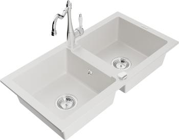 MEXEN/S MEXEN/S - Mario granitový drez 2-bowl vrátane batérie Carla, biela 6504-20-670700-00