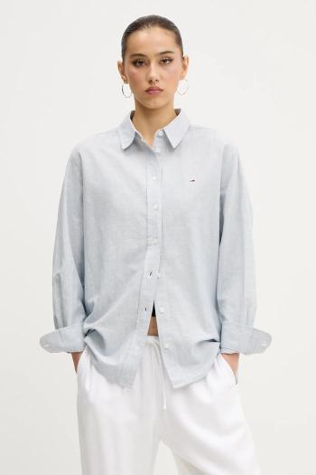 Košeľa s prímesou ľanu Tommy Jeans šedá farba, regular, s klasickým golierom, DW0DW20292