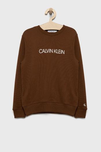 Detská bavlnená mikina Calvin Klein Jeans hnedá farba, s potlačou