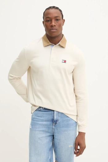 Bavlnené tričko s dlhým rukávom Tommy Jeans béžová farba, jednofarebné, DM0DM20913