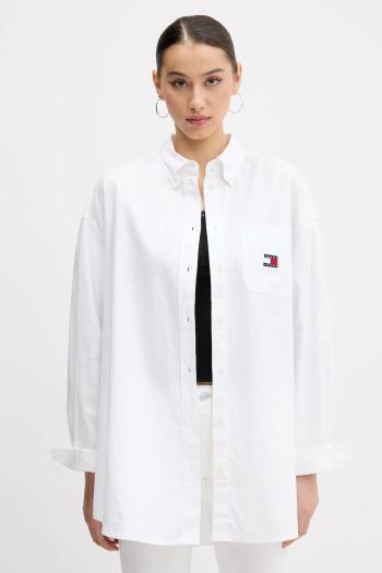 Bavlnená košeľa Tommy Jeans biela farba, voľný strih, s klasickým golierom, DW0DW20289