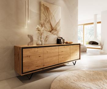 Príborník Stonegrace 200 cm prírodný dub 4 dvierka kamenná dyha