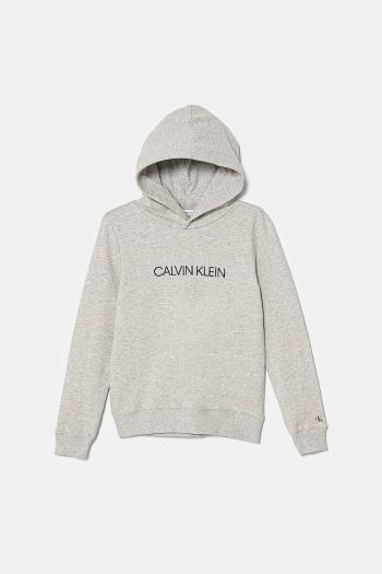 Detská bavlnená mikina Calvin Klein Jeans šedá farba, s kapucňou, s potlačou