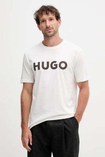Bavlnené tričko HUGO pánske, béžová farba, s nášivkou, 50542737