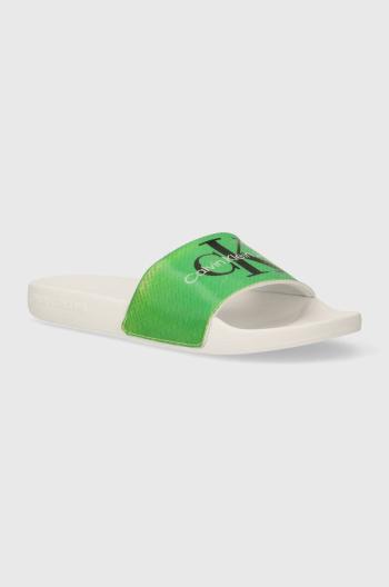 Šľapky Calvin Klein Jeans SLIDE LENTICULAR pánske, zelená farba, YM0YM00953