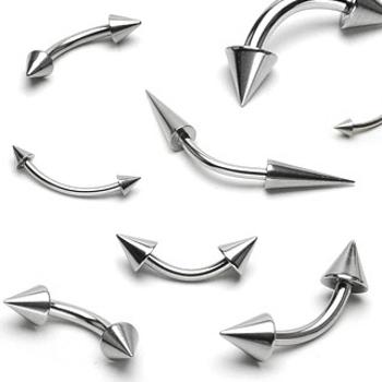 Oceľový piercing striebornej farby, zahnutá činka ukončená dvoma kužeľmi - Rozmer: 1,6 mm x 10 mm x 4x12 mm