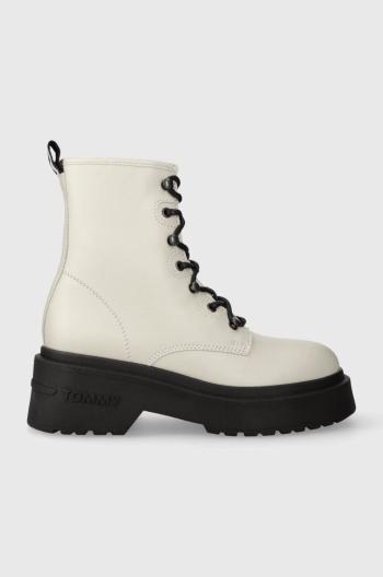 Kožené workery Tommy Jeans TJW LACE UP BOOT CHUNKY dámske, béžová farba, na platforme, EN0EN02404