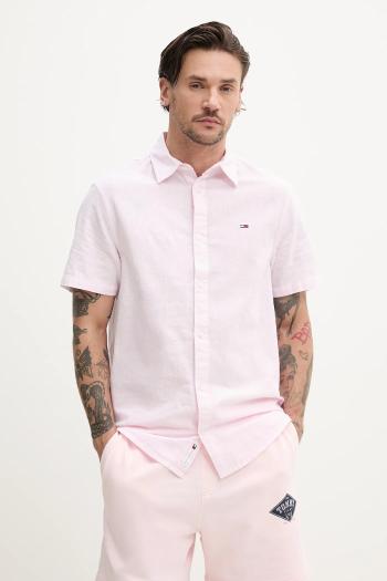 Košeľa s prímesou ľanu Tommy Jeans pánska, ružová farba, regular, s klasickým golierom, DM0DM20894