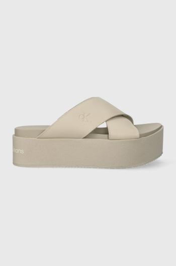 Kožené šľapky Calvin Klein Jeans FLATFORM CROSS MG UC dámske, béžová farba, na platforme, YW0YW01349