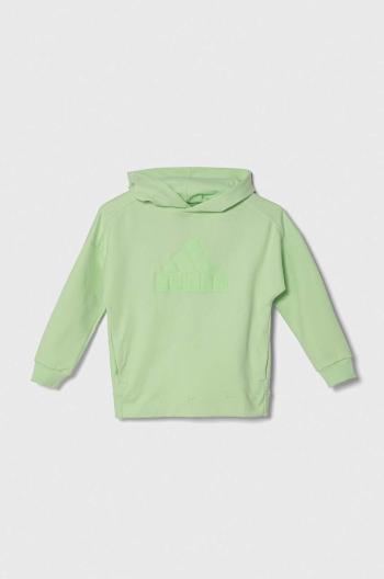 Detská mikina adidas zelená farba, s kapucňou, s potlačou