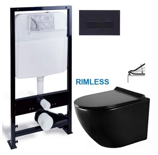 PRIM predstenový inštalačný systém s čiernym tlačidlom 20/0044 + WC MEXEN LENA ČERNÁ Rimless + SEDADLO PRIM_20/0026 44 ME01