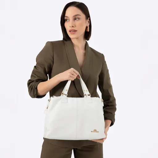 Dámska nákupná kabelka z prírodnej kože, dvojpriehradková, biela 100-4E-805-0