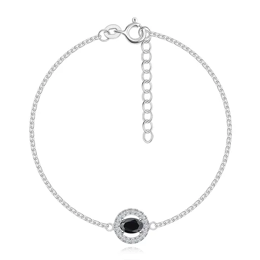 Náramok z 925 striebra - zirkónový kruh s čiernym oválnym zirkónom v strede