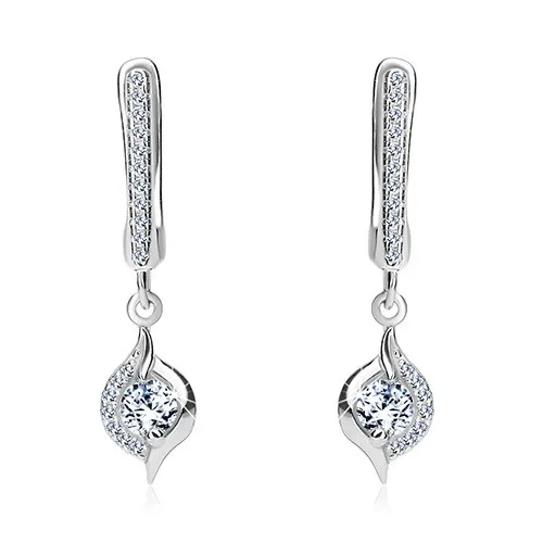 Náušnice zo striebra 925, asymetrická kvapka, okrúhly zirkón v čírom odtieni