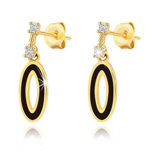 Zlaté náušnice 9K s oválnym príveskom, čiernou glazúrou a zirkónmi